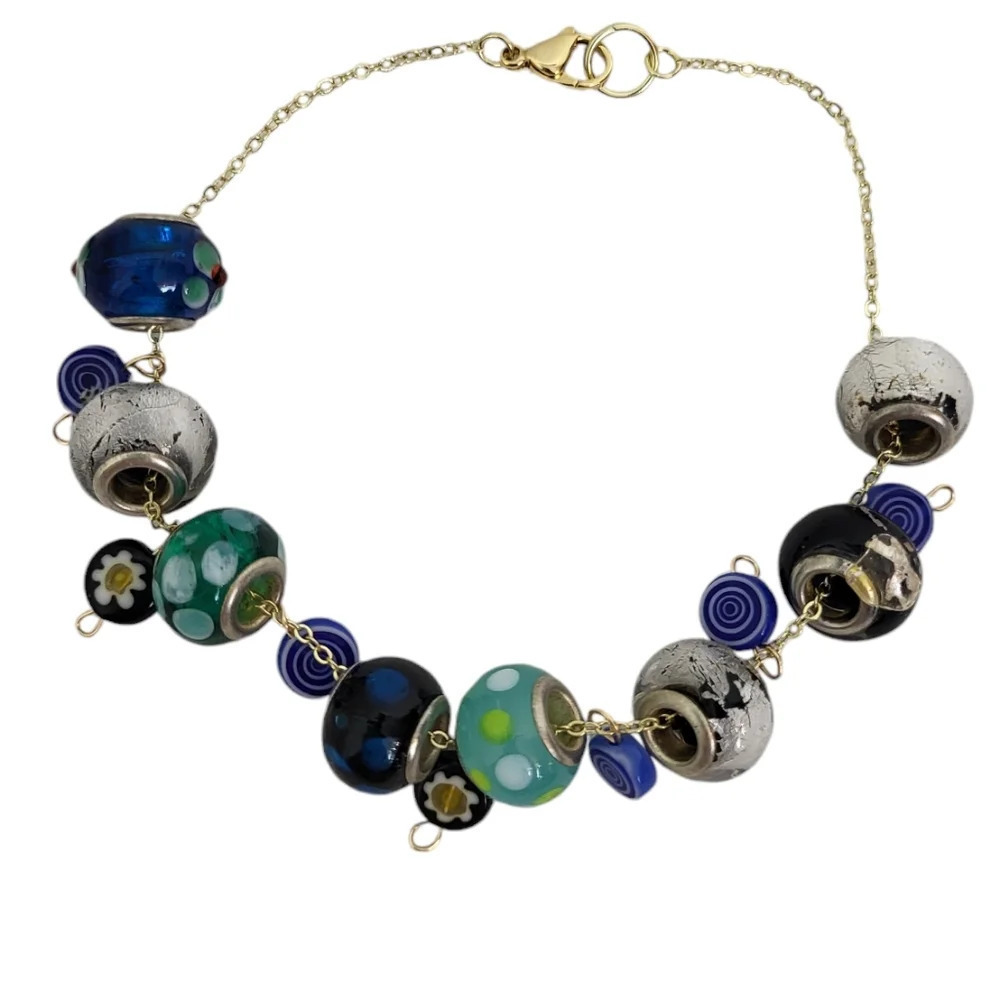 Bold Glass Daisy Swirl lampwork bracelet blue Polka Dot bracelet